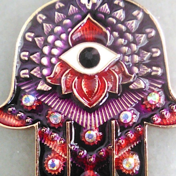 Beautiful HAMSA "Hand of God" Purple Enamel Rhinestone Art Pendant & Necklace - Picture 3 of 6